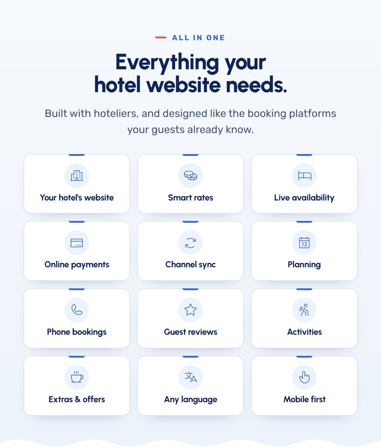 Features of the hotel booking engine: rates, availability, payments, channel sync, planning, phone bookings, reviews, activities, extras, languages, mobile