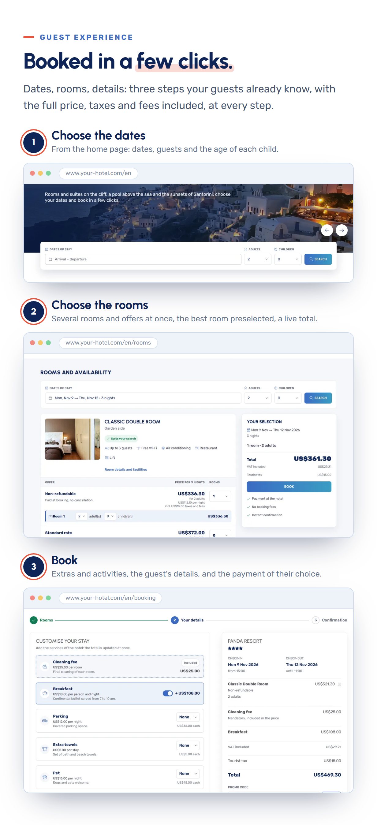 Booking in three steps: dates on the home page, rooms and offers with a live total, extras and payment