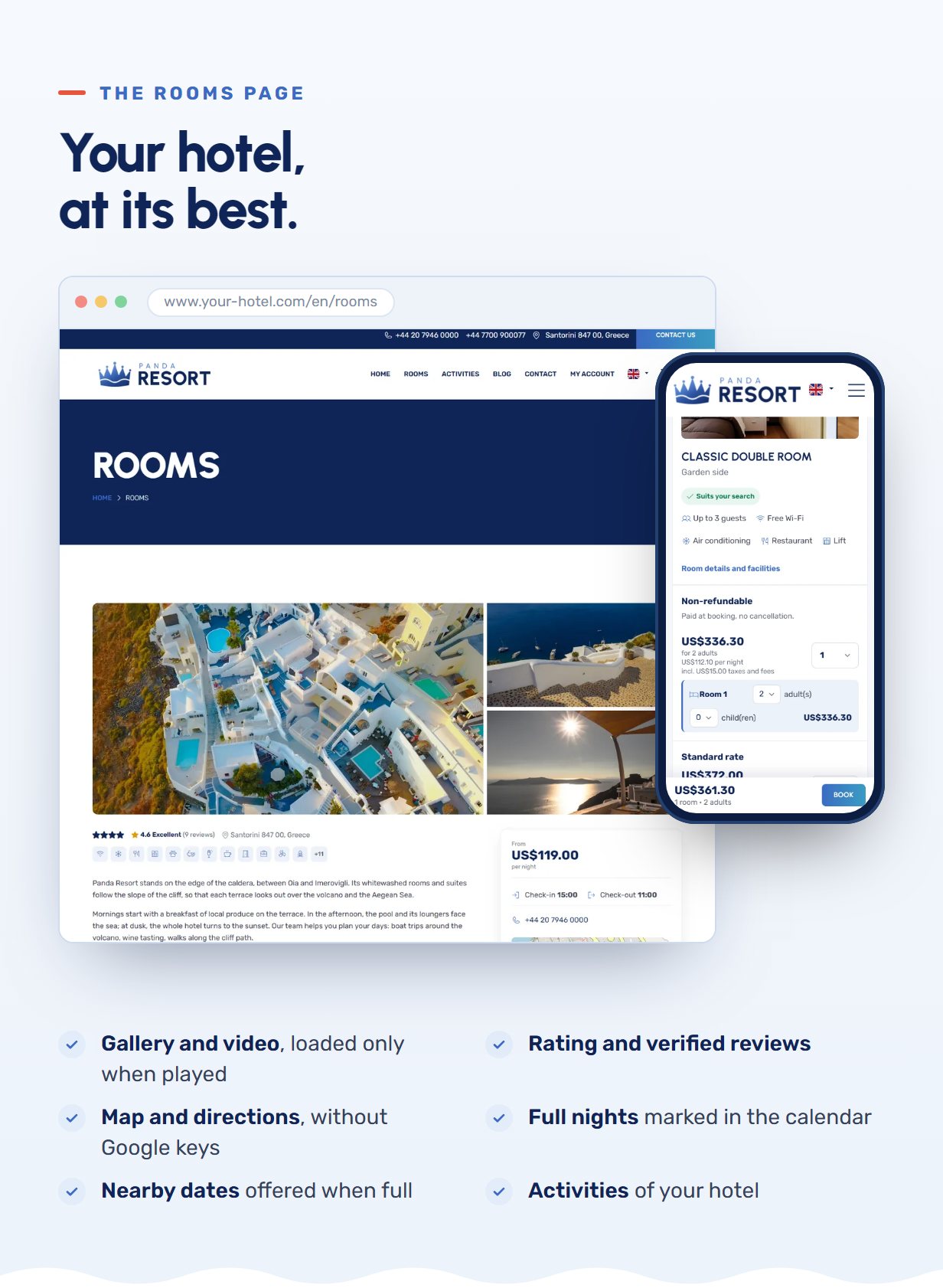 The Rooms page of the hotel with its gallery, rating, map and room selection, on a computer and a phone