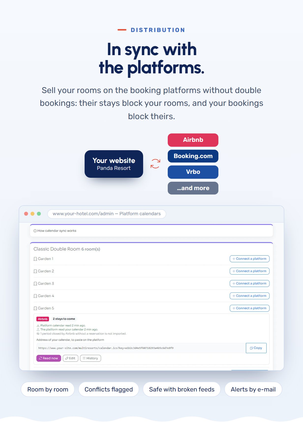 Calendar synchronisation (iCal) with Airbnb, Booking.com and Vrbo, room by room