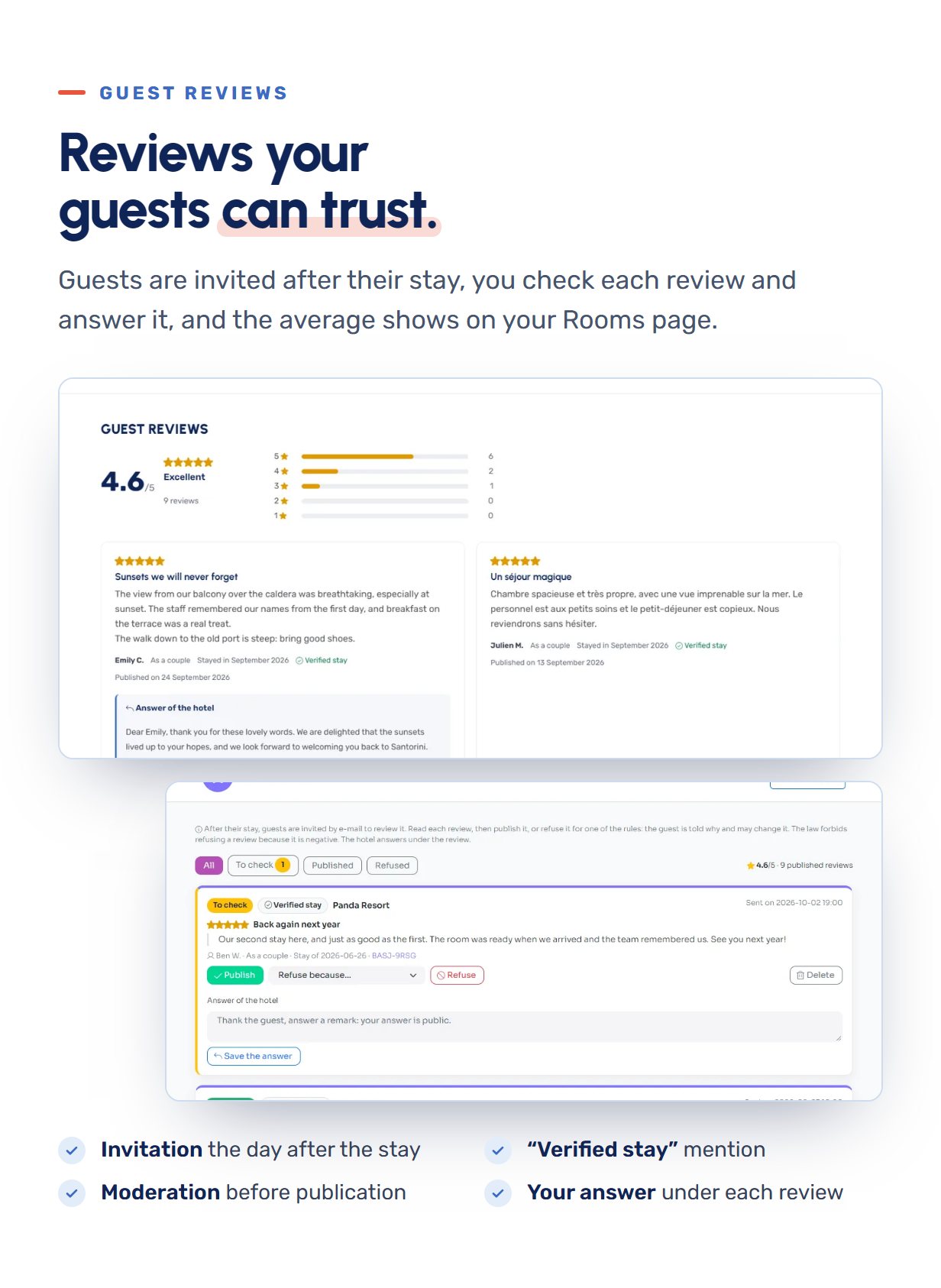 Verified guest reviews with moderation and the answers of the hotel
