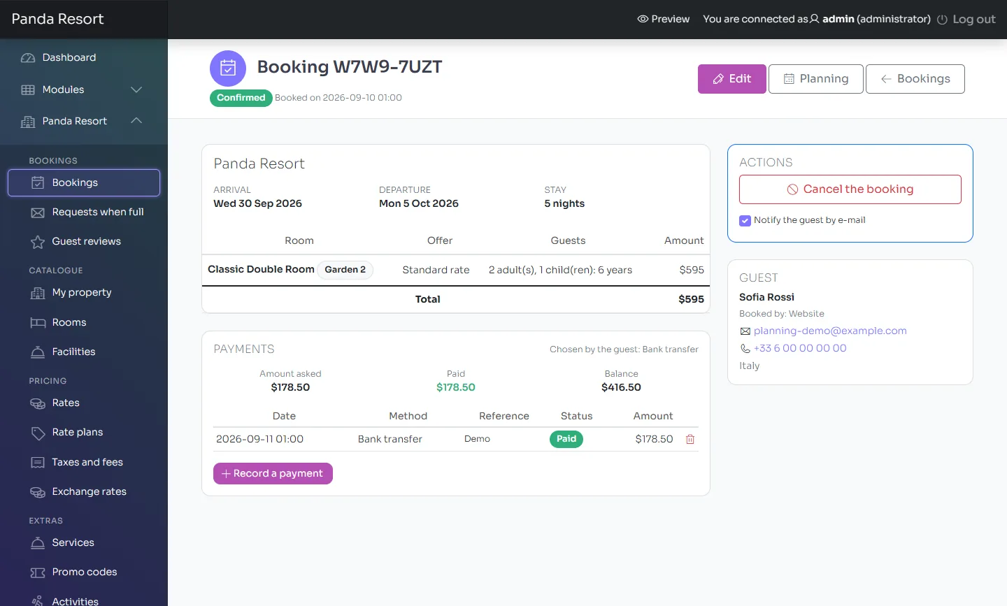 The sheet of a booking: stay, rooms, payments, guest and actions