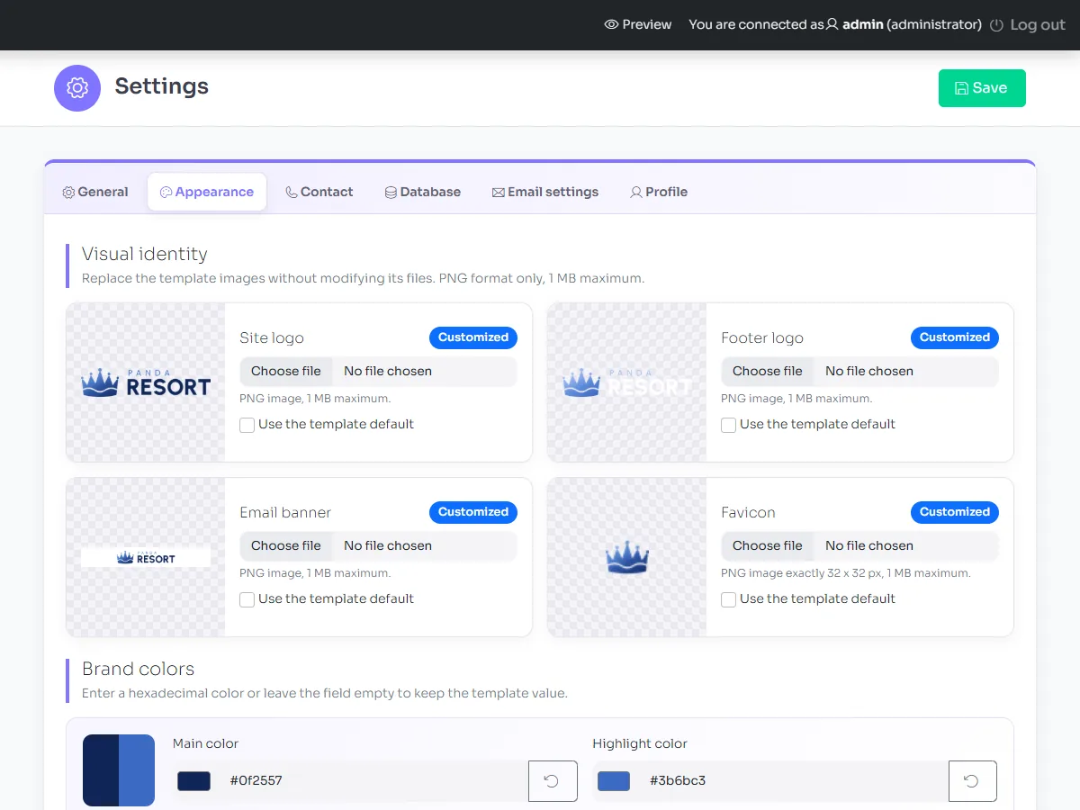 The Appearance tab: visual identity and brand colours
