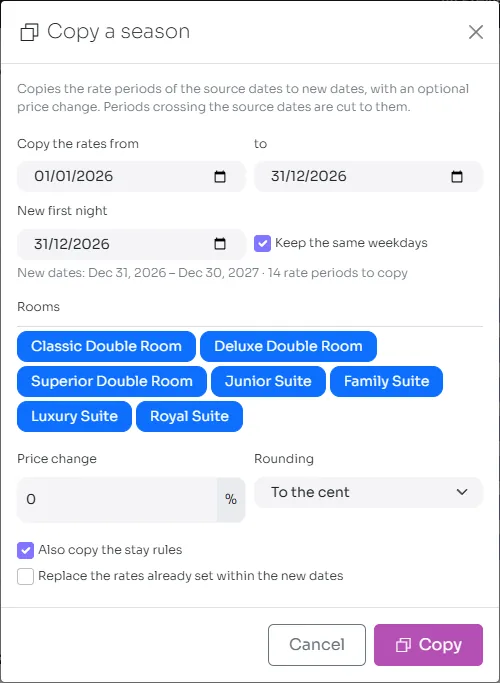 The Copy a season dialog