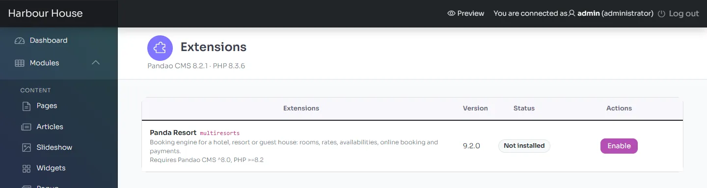 The Extensions page with Panda Resort not installed yet, and its Enable button