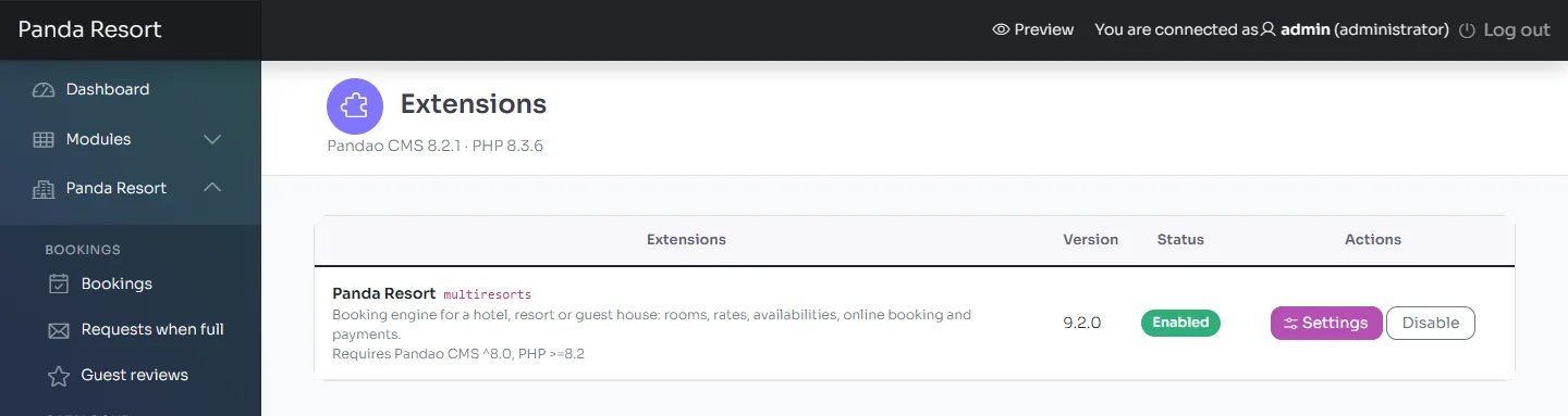 The Extensions page with Panda Resort enabled