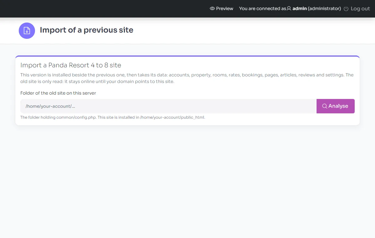 The screen of the import of a previous site