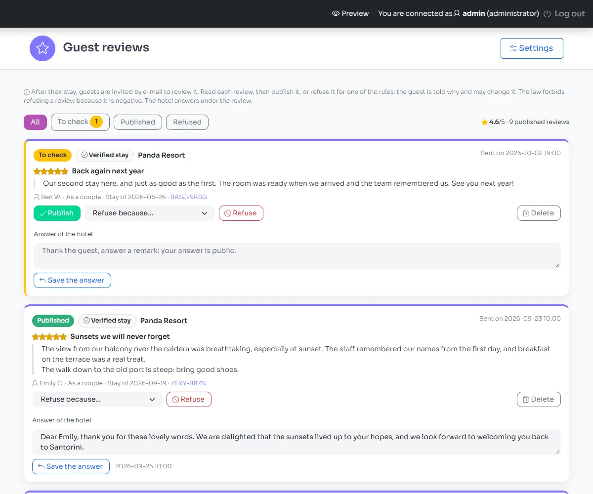 The moderation of the guest reviews in the administration