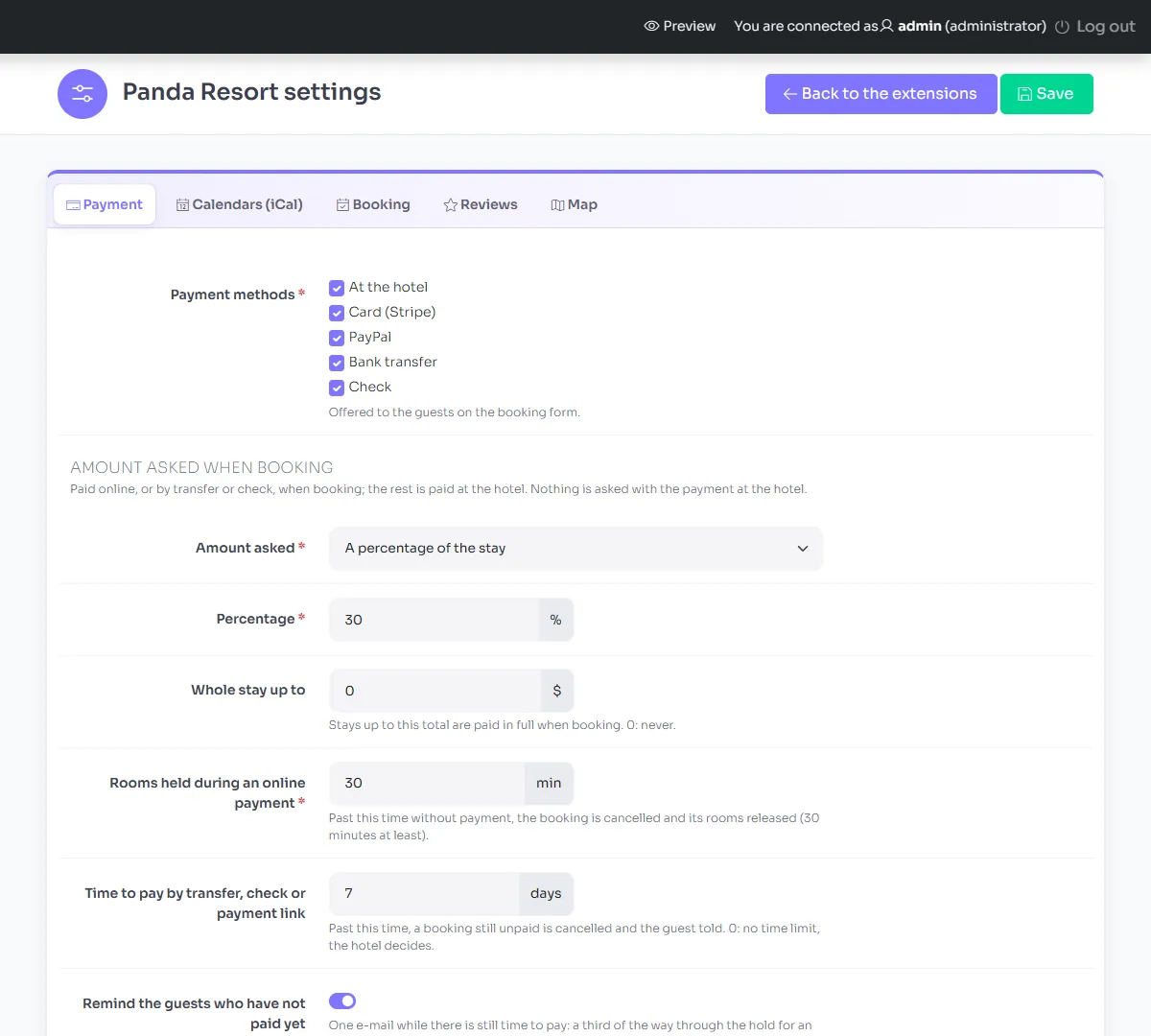 The Payment tab of the settings of Panda Resort