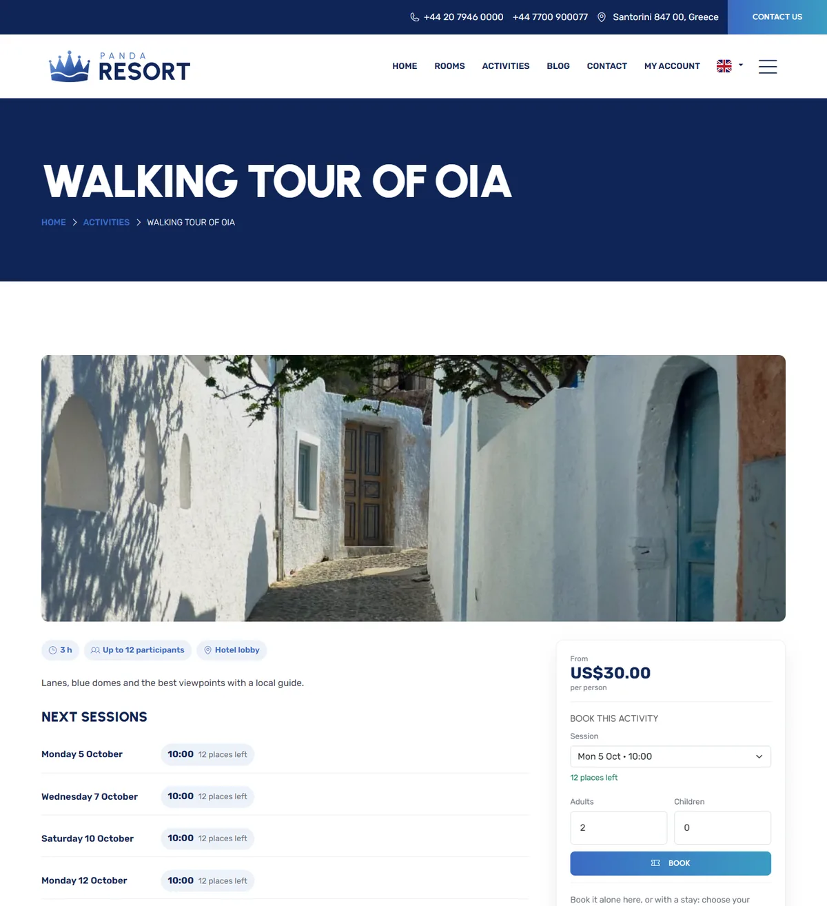 The page of an activity with its next sessions and its booking form