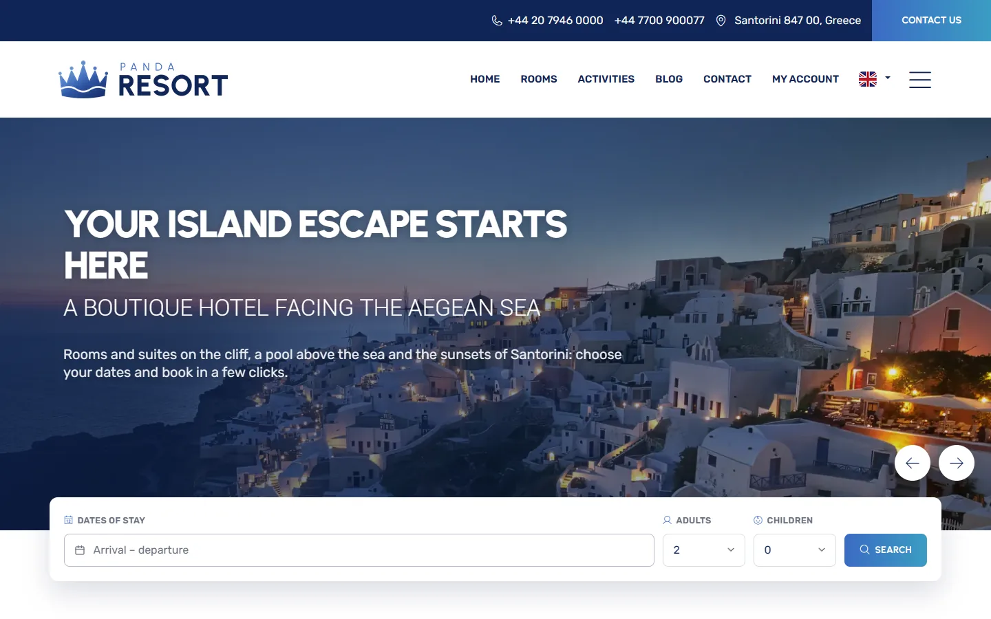 Home page of a site made with Panda Resort: slideshow and stay search
