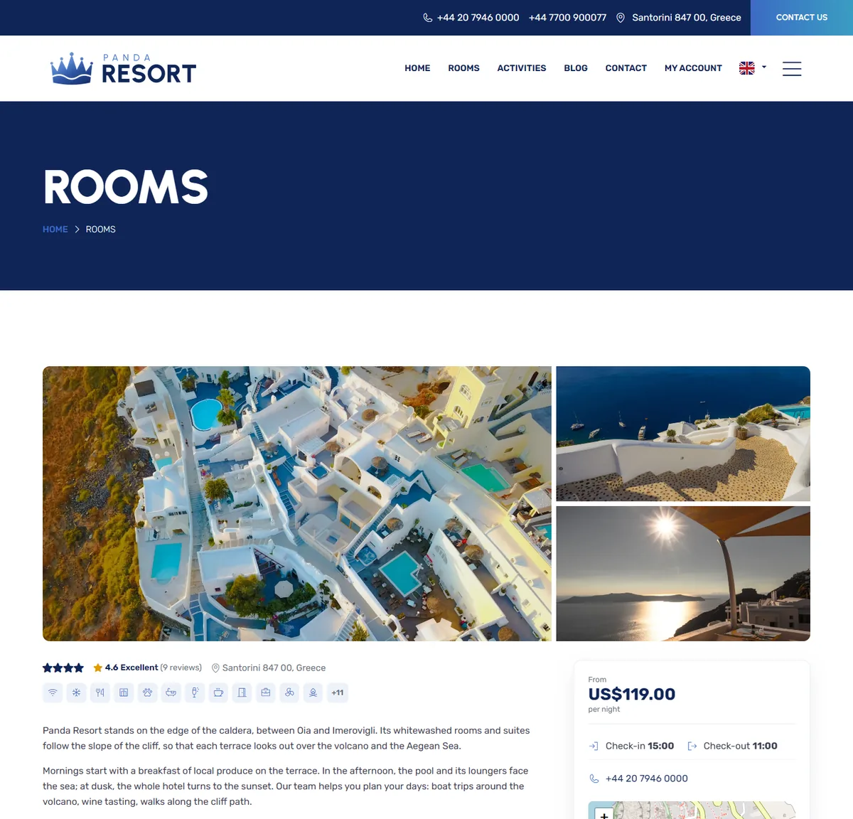 The top of the page of a hotel: gallery, rating, facilities and contact card