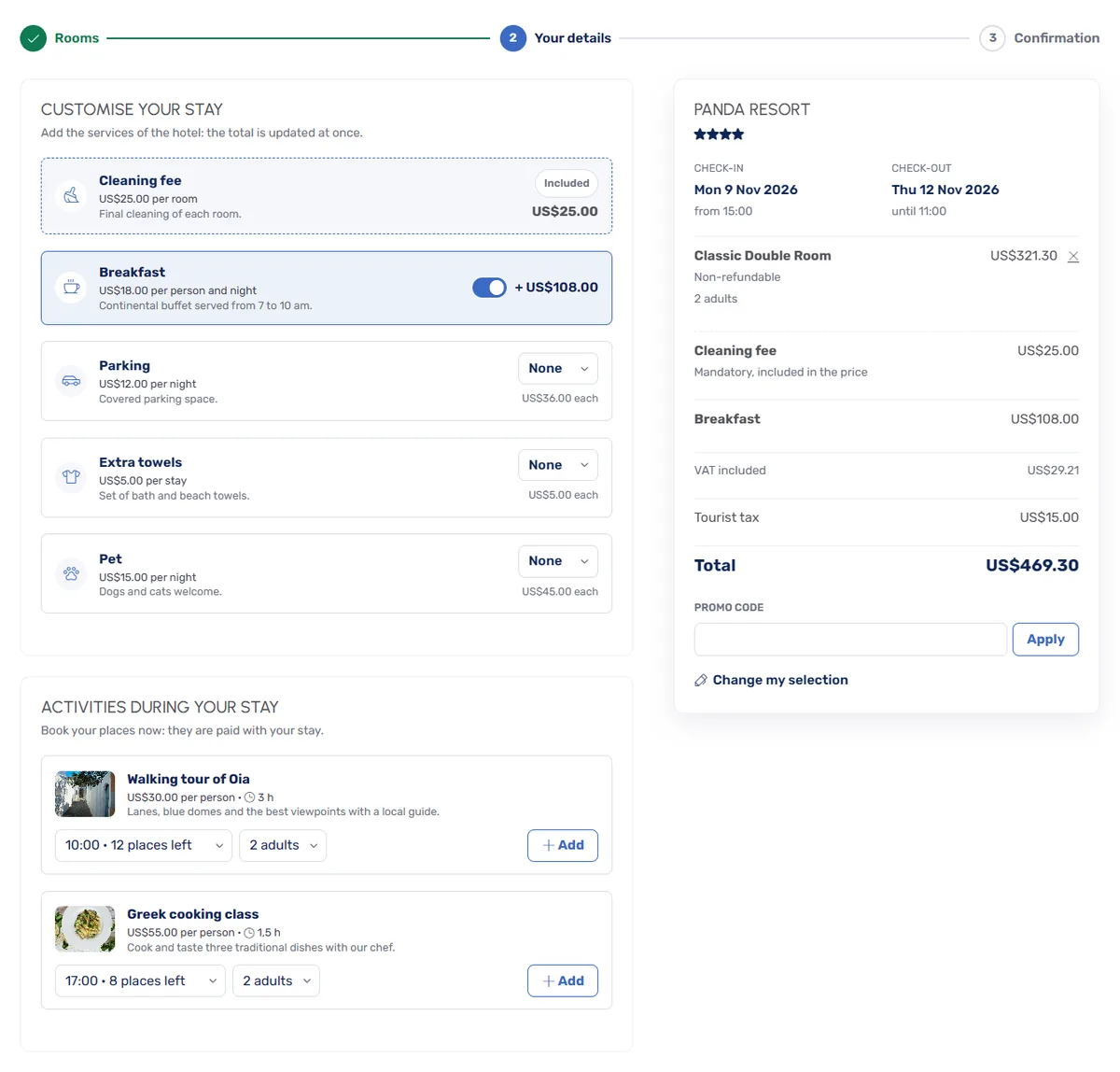 The services and activities of the booking form