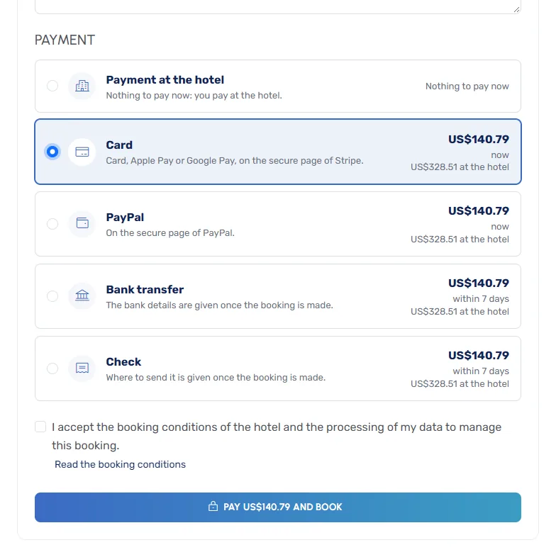 The payment options of the booking form, with the amounts due now and at the hotel