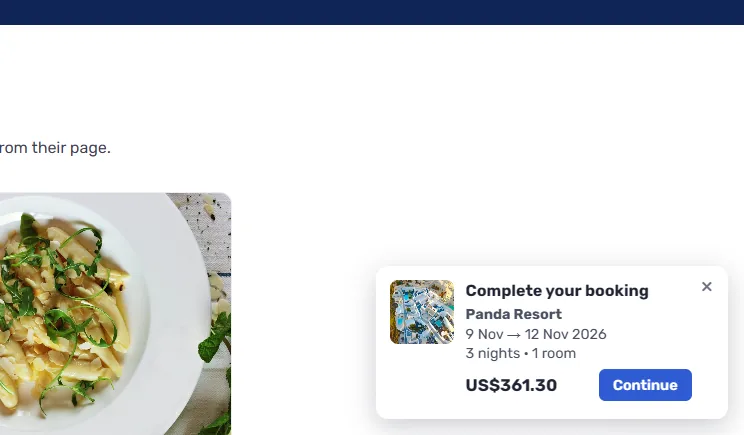 The Complete your booking card on another page of the site