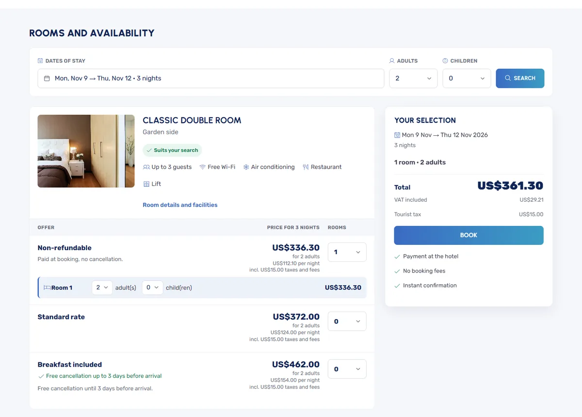 Rooms and availability: the offers of a room and the selection