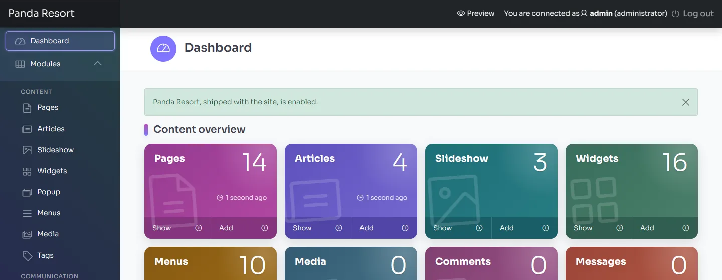 The dashboard after the first login, with the message that Panda Resort is enabled