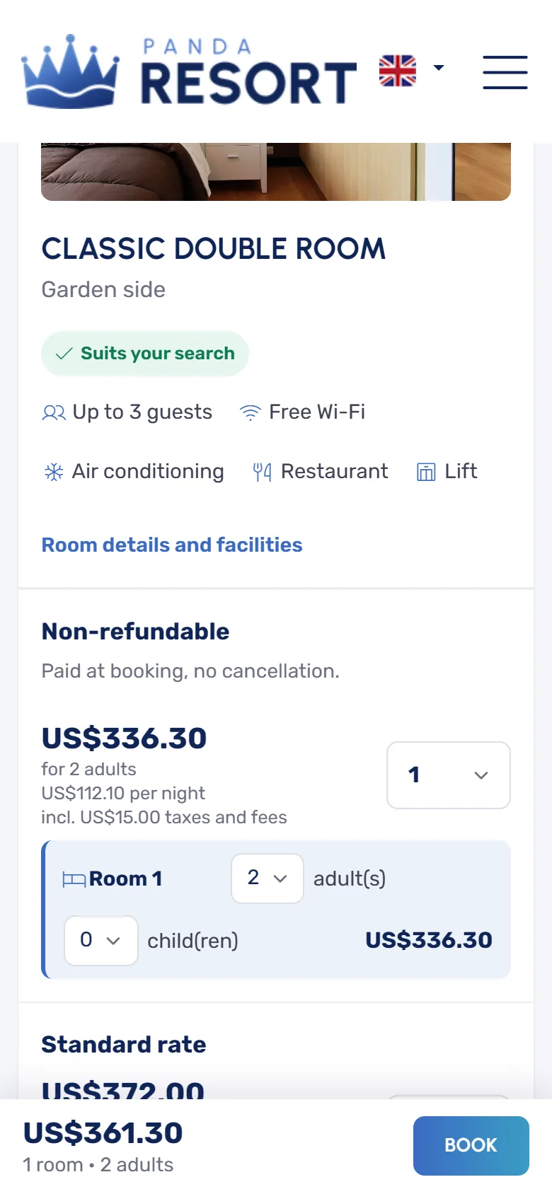 The rooms of a hotel on a phone, with the total and the Book button at the bottom